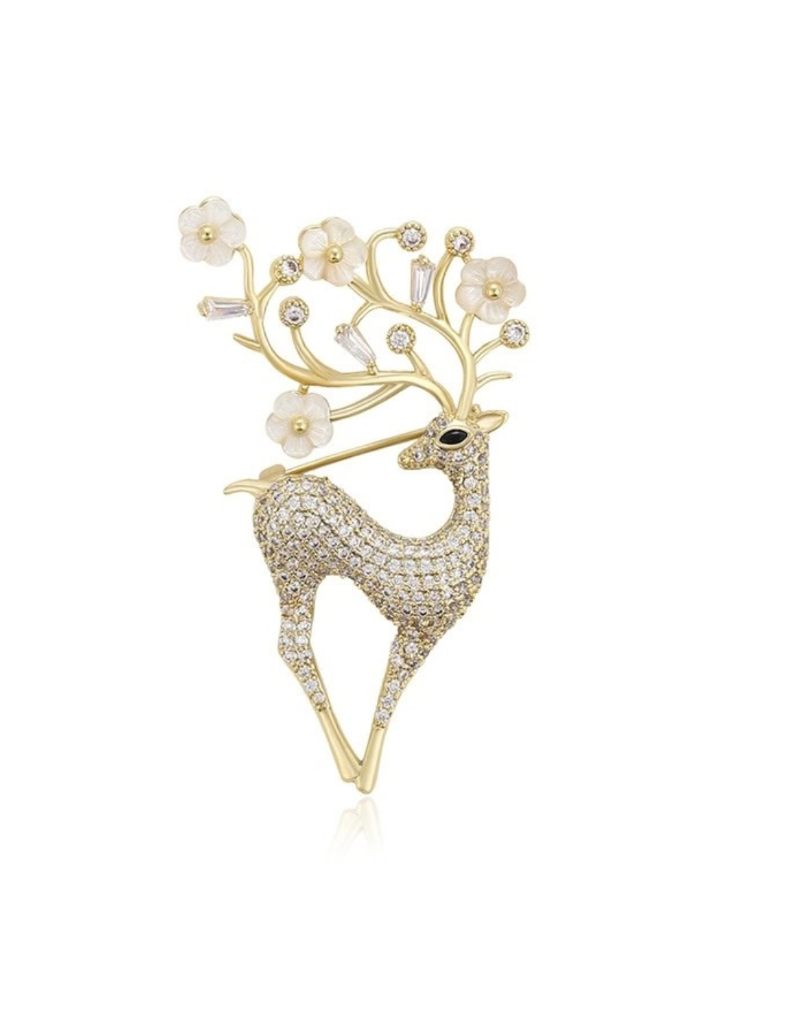 Enchanted Deer gold-tone brooch with white flowers and sparkling details