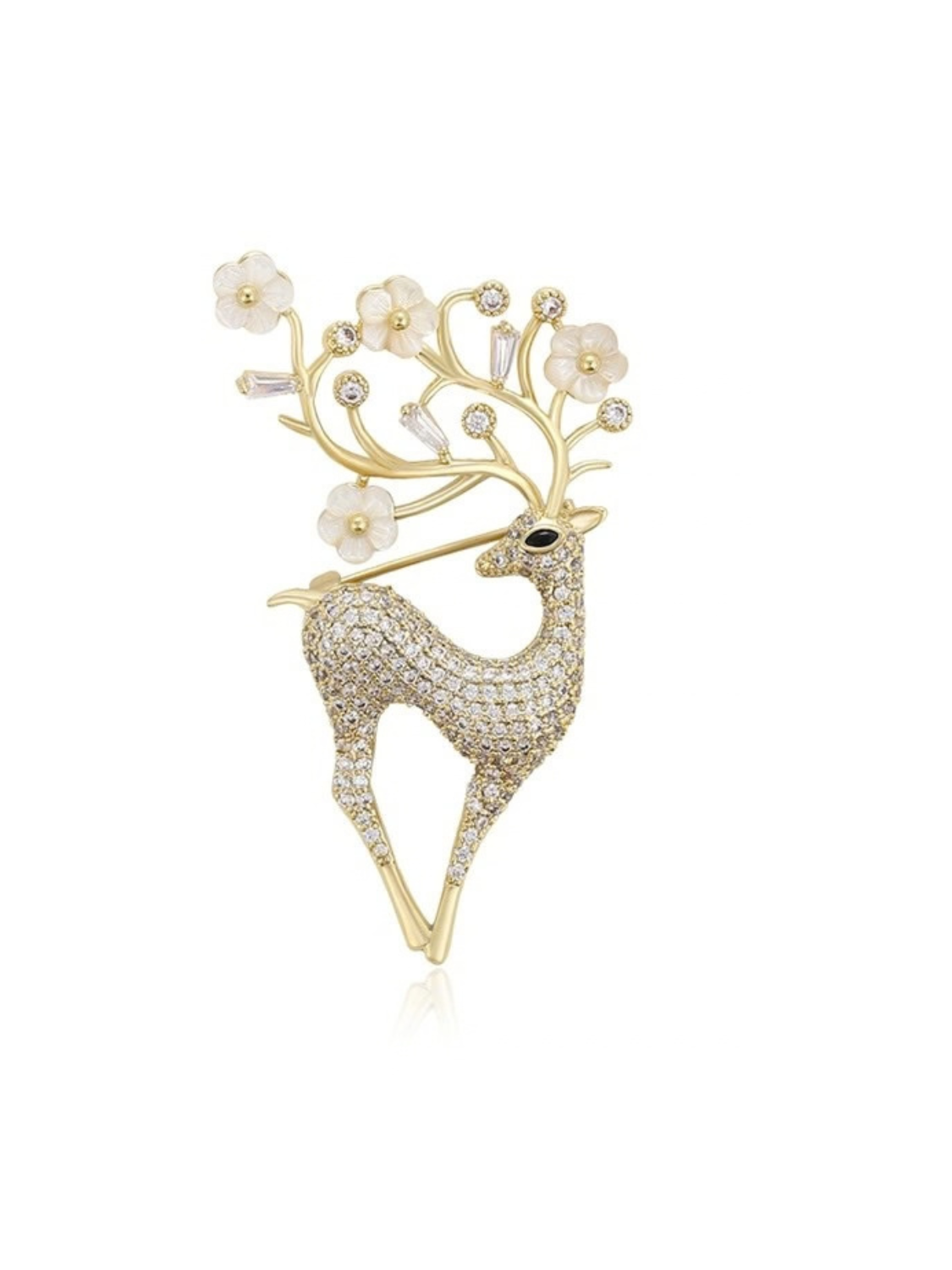Enchanted Deer gold-tone brooch with white flowers and sparkling details